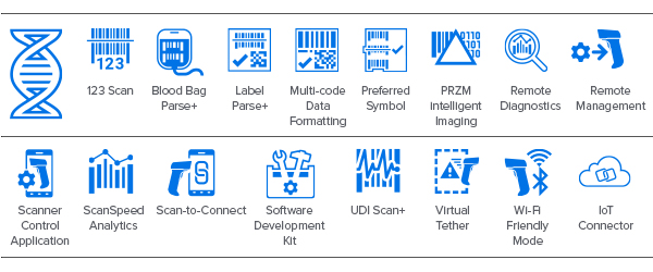 CS60シリーズコンパニオンスキャナDNAのアイコン：DataCapture DNA、123Scan、Blood Bag Parse+、Label Parse+、マルチコードデータフォーマッティング、Preferred Symbol、PRZMインテリジェントイメージング、遠隔診断、リモート管理、スキャナ制御アプリケーション、ScanSpeed Analytics、Scan-to-Connect、SDK（ソフトウェア開発キット）、UDI Scan+、仮想テザー、Wi-Fiフレンドリーモード、IoT Connector