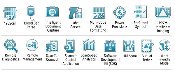 Ícones do DNA Mobility no scanner ultrarresistente DS3600-KD: 123Scan, Blood Bag Parse+, Intelligent Document Capture, Label Parse+, Multi-Code Data Formatting, Power Precision+, Preferred Symbol, PRZM Intelligent Imaging, Remote Diagnostics, Remote Management, Scan-To-Connect, Scanner Control Application, ScanSpeed Analytics, Software Development Kit (SDK), UDI Scan+, Virtual Tether, Wi-Fi Friendly Mode