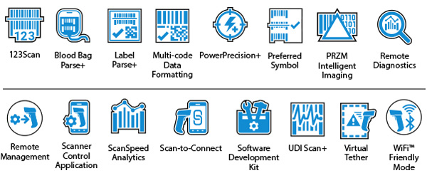 Ícones do DNA Mobility no scanner ultrarresistente DS3600-SR: 123Scan, Blood Bag Parse+, Label Parse+, Multi-code Data Formatting, PowerPrecision+, Preferred Symbol, PRZM Intelligent Imaging, Remote Diagnostics, Remote Management, Scanner Control Application, ScanSpeed Analytics, Scan-to-Connect, Software Development Kit, UDI Scan+, Virtual Tether, Wi-Fi Friendly Mode