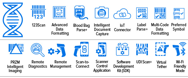 DS4600 Series for Retail Mobility DNA Icons:  123Scan, Advanced Data Formatting, Blood Bag Parse+, Intelligent Document Capture, IoT Connectro, Label Parse+, Multi-Code Data Formatting, Preferred Symbol, PRZM Intelligent Imaging, Remote Diagnostics, Remote Management, Scan-to-Connect, Scanner Control Application, Software Development Kit (SDK), UDI Scan+, Virtual Tether, Wi-Fi Friendly Mode