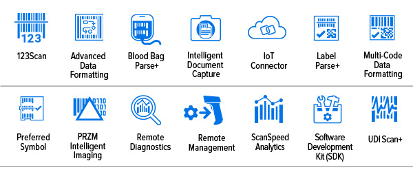 DS55 Series for Labs Fixed Mount Scanner Spec Sheet Mobility DNA Icons: 123Scan, Advanced Data Formatting, Blood Bag Parse+, Intelligent Document Capture, IoT Connectro, Label Parse+, Multi-Code Data Formatting, Preferred Symbol, PRZM Intelligent Imaging,  Remote Diagnostics, Remote Management, ScanSpeed Analytics, Software Development Kit (SDK), UDI Scan+