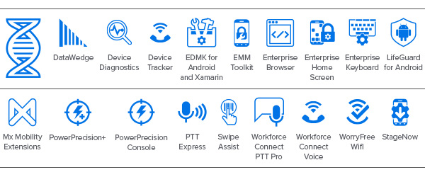 Iconos de Mobility DNA para EC30: Icono de DataWedge, icono de Device Diagnostics, icono de Device Tracker, icono de EMDK para Android y Xamarin, icono de EMM Toolkit, icono de Enterprise Browser, icono de Enterprise Home Screen, icono de Enterprise Keyboard, icono de LifeGuard para Android, icono de Mx Mobility Extensions, icono de PowerPrecision+, icono de PowerPrecision Console, icono de PTT Express, icono de Swipe Assist, icono de Workforce Connect PTT Pro, icono de Workforce Connect Voice, icono de WorryFree WiFi, icono de StageNow