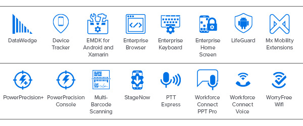 Ícones do Mobility DNA no EC50/EC55: Ícones do DataWedge, Device Tracker, EMDK para Android e Xamarin, Enterprise Browser, Enterprise Keyboard, Enterprise Home Screen, LifeGuard, Mx Mobility Extensions, PowerPrecision, PowerPrecision Console, Multi-Barcode Scanning, StageNow, PTT Express, Workforce Connect PTT Pro, Workforce Connect Voice, WorryFree WiFi