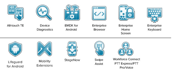 ícones do software Mobility DNA Software no MC3300, All-touch TE, Device Diagnostics, EMDK para Android, Enterprise Browser, Enterprise Home Screen, Enterprise Keyboard, Lifeguard for Android, Mobility Extensions, StageNow, Swipe Assist, Workforce Connect PTT Express/PTT Pro/Voice