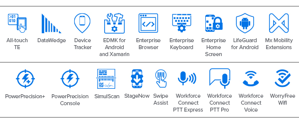 MC9300 Mobility DNA-Symbol, All-Touch-TE-Symbol, DataWedge-Symbol, Device Tracker-Symbol, EMDK für Android- und Xamarin-Symbol, Enterprise Browser-Symbol, Enterprise Keyboard-Symbol, Enterprise-Startbildschirm-Symbol, LifeGuard-Symbol, Mx Mobility Extensions-Symbol, PowerPrecision+-Symbol, PowerPrecision Console-Symbol, SimulScan-Symbol, StageNow-Symbol, Swipe Assist-Symbol, Workforce Connect PPT Express-Symbol, Workforce Connect PPT Pro, Workforce Connect Voice-Symbol, WorryFree WiFi-Symbole