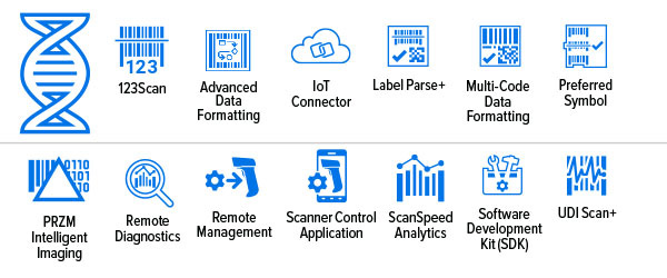 SP72 Series Single-Plane Scanner Mobility DNA Icons: 123Scan, Advanced Data Formatting, IoT Connector, Label Parse+, Multi-Code Data Formatting, Preferred Symbol, PRZM Intelligent Imaging, Remote Diagnostics, Remote Management, Scanner Control Application, ScanSpeed Analytics, Software Development Kit (SDK), UDI Scan+