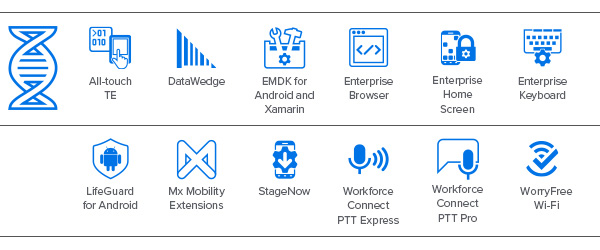 VC8300 10 英寸车载数据终端 Mobility DNA 图标：All-touch TE、DataWedge、EMDK for Android and Xamarin、Enterprise Browser、Enterprise Home Screen、Enterprise Keyboard、LifeGuard for Android、Mx Mobility Extensions、StageNow、Workforce Connect PTT Express、Workforce Connect PTT Pro、WorryFree Wi-Fi