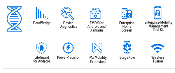 WS50 RFID Android Wearable Computer Spec Sheet Mobility DNA Icons: DataWedge, Device Diagnostics, EMDK for Android and Xamarin, Enterprise Home Screen, Enterprise Mobility Management Tool Kit, LifeGuard for Android, PowerPrecision, Mx Mobility Extensions, StageNow, Wireless Fusion