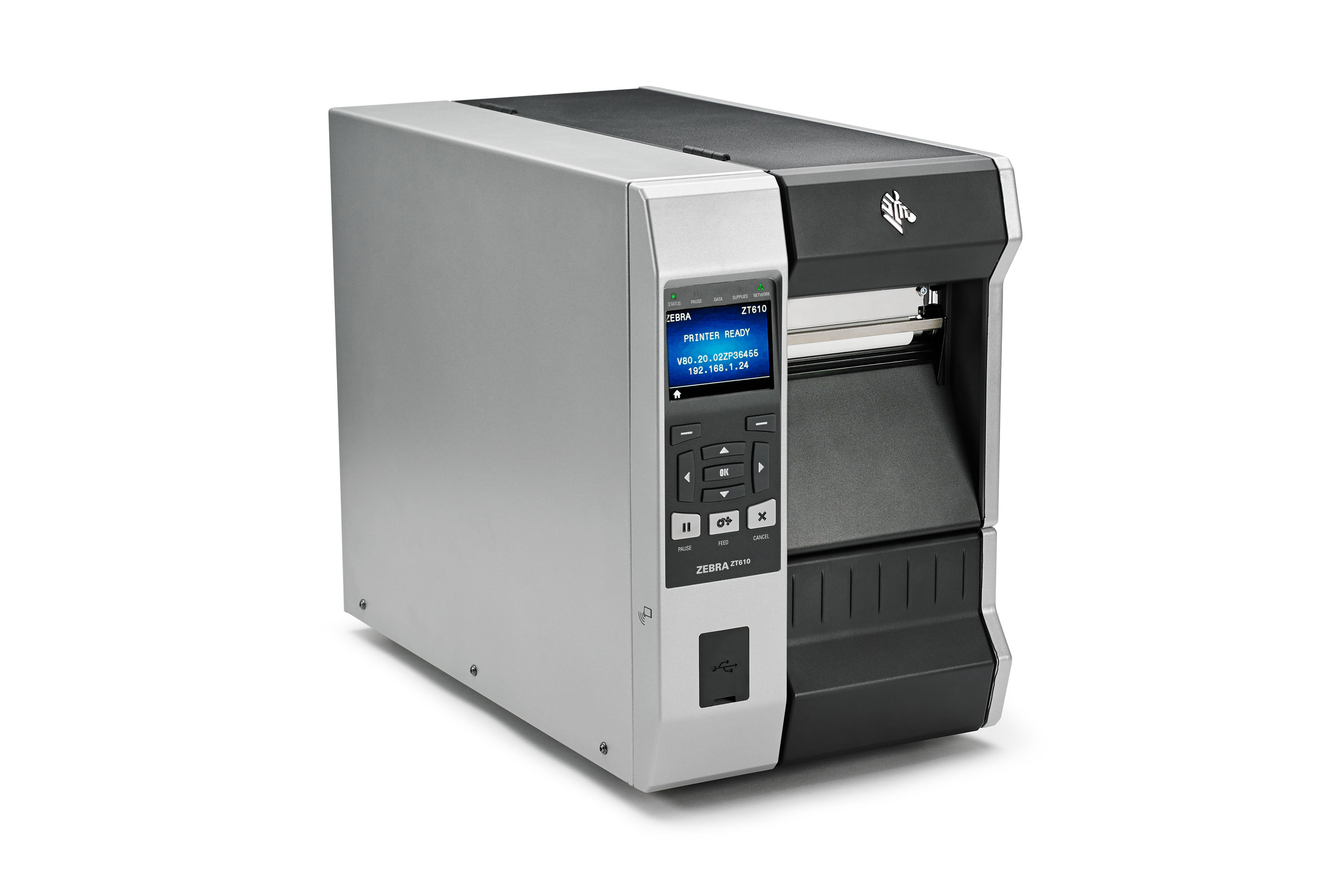 A Zebra card printer featuring a sleek and slim build with a built-in LCD screen display at the front