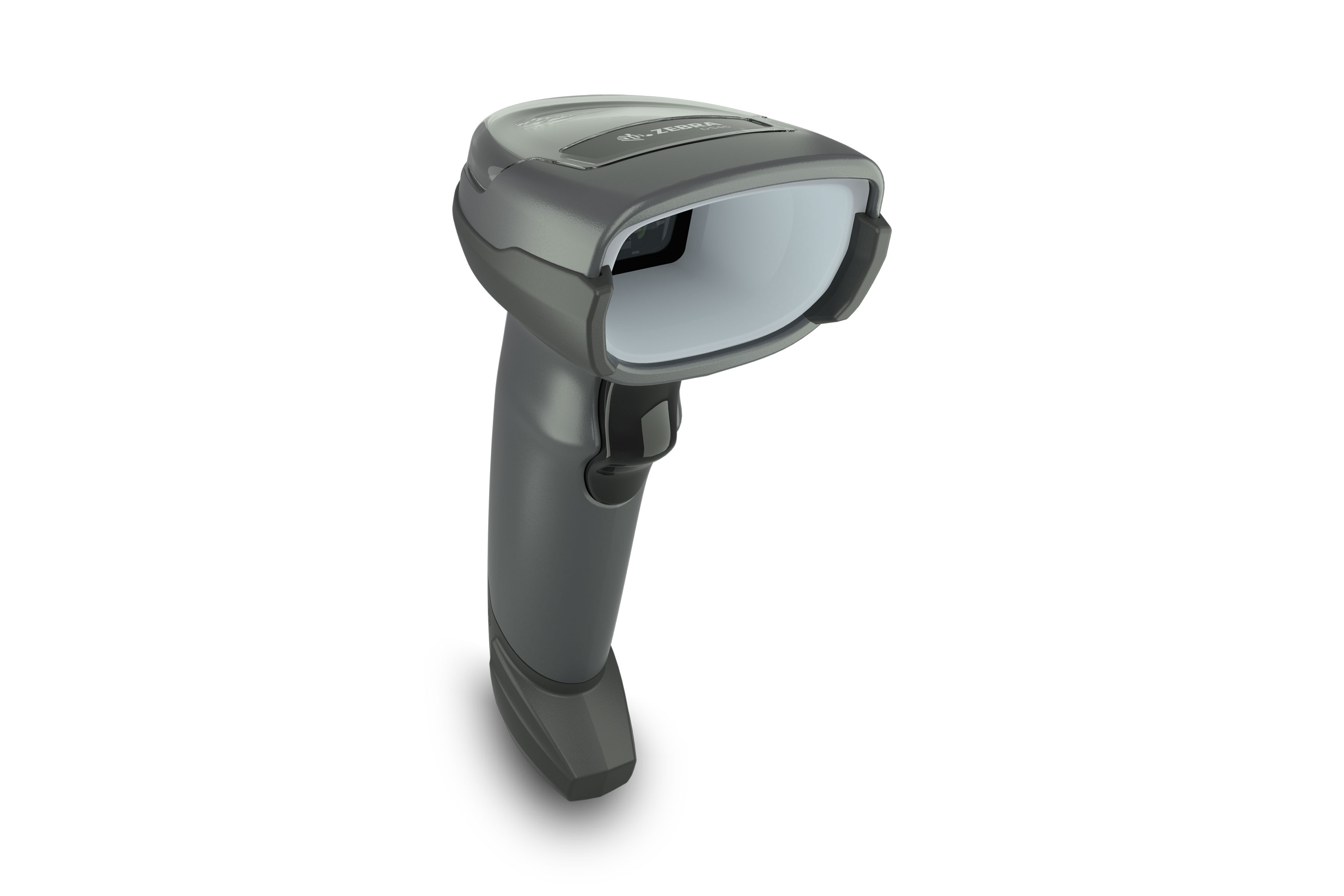 Front of Zebra DS4600 Series barcode scanner, Model DS4608-XD, black, right facing