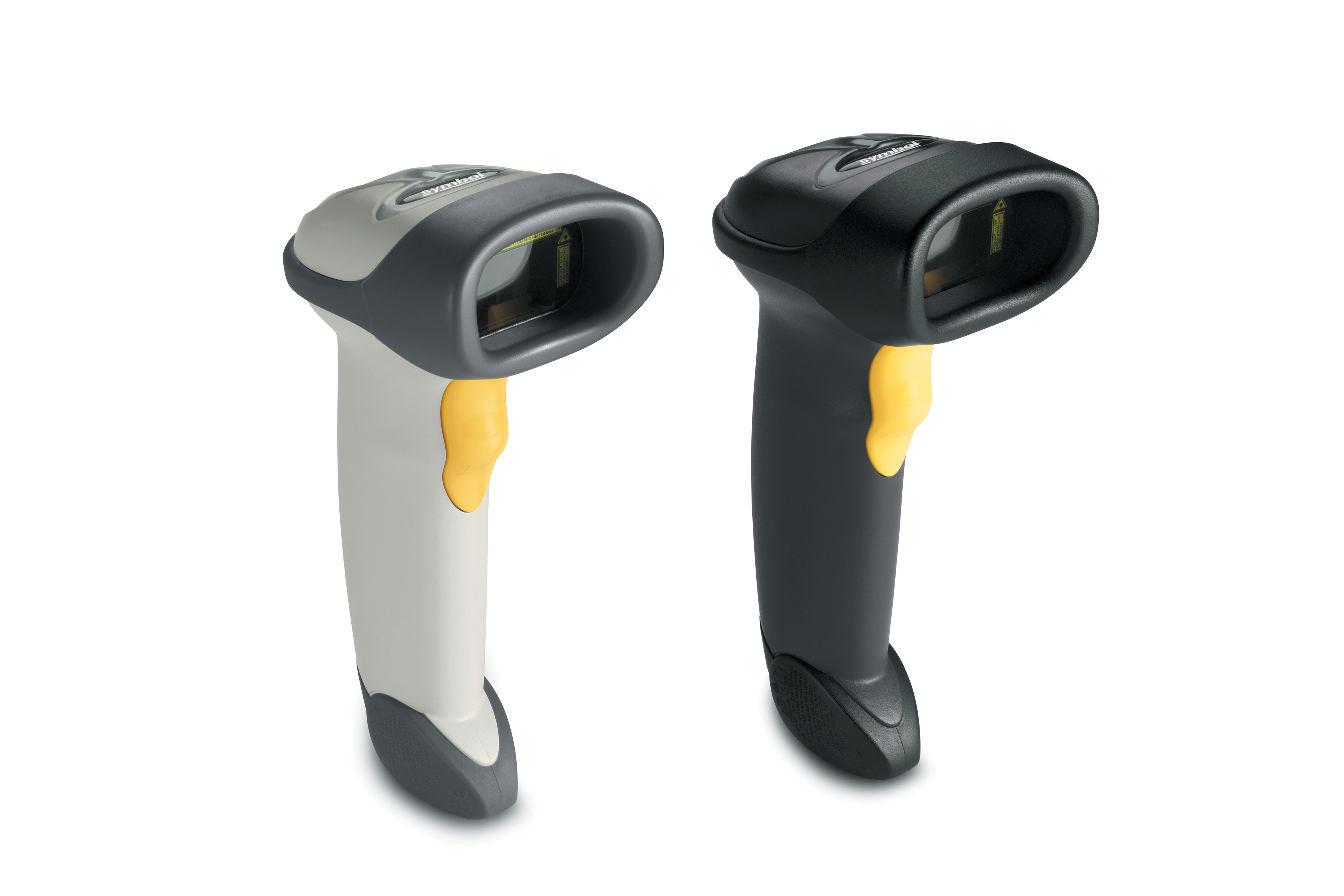 Front of Zebra LS2208 Series handheld barcode scanners group, black and white, left facing 