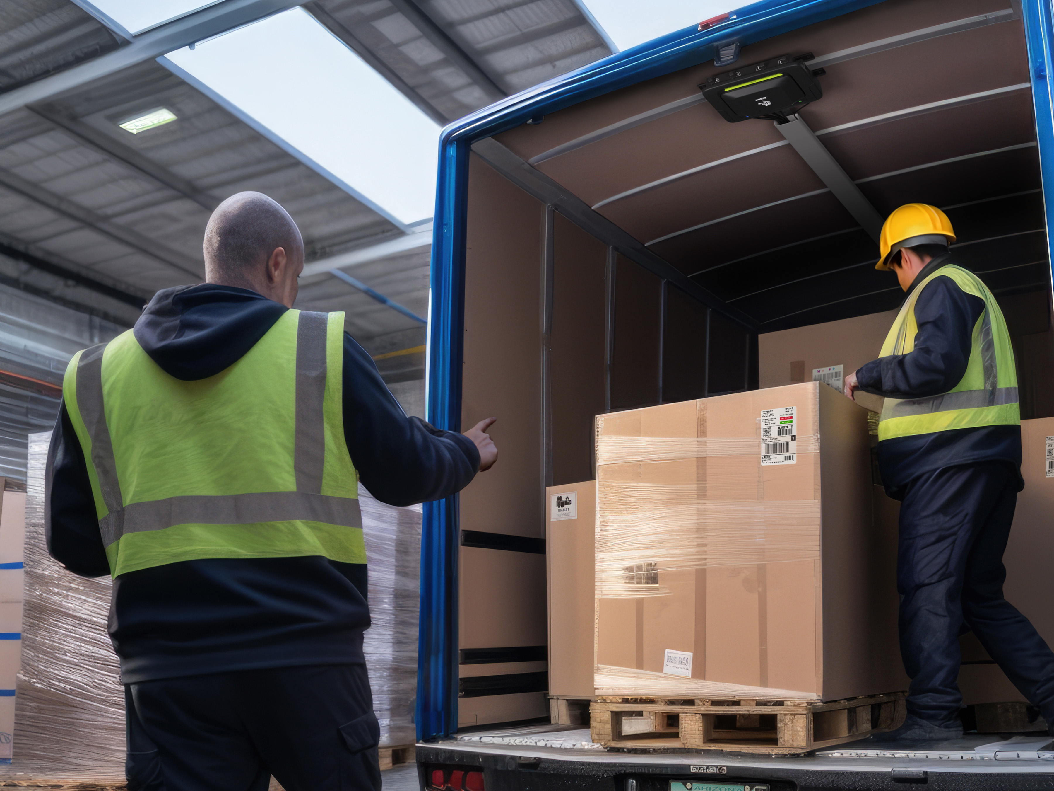Two workers in safety vests load boxes onto a truck inside a warehouse, highlighting outbound logistics, while the facility also handles inbound logistics for received goods.