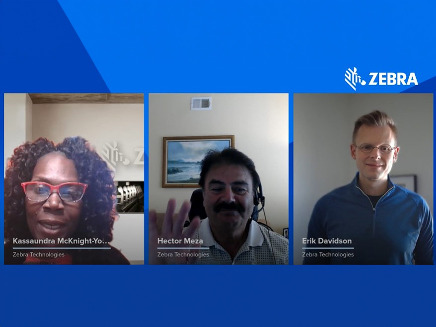 Kassaundra Mcnight-Young, Hector Mez and Erik Davidson of Zebra on a videocall meeting. 